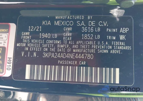 2022 Kia Rio Lx from USA, damaged, VIN 3KPA24AD4NE444780